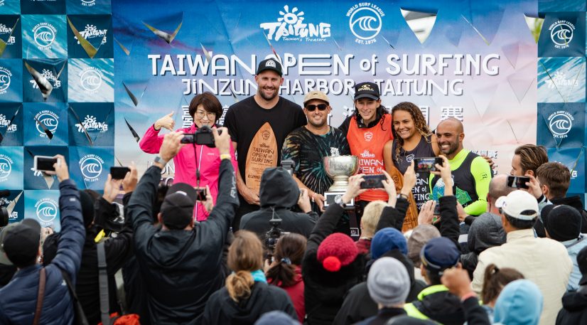 TAITUNG, TAIWAN - DECEMBER 7 : The 2019 World Longboarding Championship Podium (L to R)  Mens Runner Up Taylor Jensen of The United states, 2019 World Longboard Champion Justin Quintal of The United States,  2019 World Longboard Champion Honolua Blomfield, Womens Runner-Up Alice Lemoigne from France, Men's Event Winner Rodrigo Sphaier of Brasil at the 2019 Taiwan Open World Longboarding Championship at Jinzun Harbour on December 7, 2019 in Taitung County, Taiwan (Photo by Tim Hain/WSL via Getty Images)