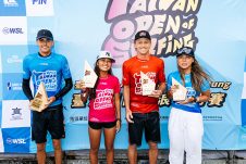 JINZUN HARBOR, TAITUNG COUNTY, TAIWAN - NOVEMBER 12: (L-R) Dakoda Walters of Australia, Sara Wikita of Japan, Joel Vaughan of Australia and Amuro Tsuzuki of Japan at the Presentation of the Taiwan Open of Surfing on November 12, 2023 at Jinzun Harbor, Taitung County, Taiwan. (Photo by Cait Miers/World Surf League)