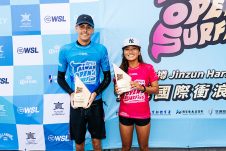 JINZUN HARBOR, TAITUNG COUNTY, TAIWAN - NOVEMBER 12: Dakoda Walters of Australia and Sara Wakita of Japan after winning the Final at the Taiwan Open of Surfing on November 12, 2023 at Jinzun Harbor, Taitung County, Taiwan. (Photo by Cait Miers/World Surf League)