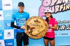 JINZUN HARBOR, TAITUNG COUNTY, TAIWAN - NOVEMBER 12: Dakoda Walters of Australia and Sara Wakita of Japan after winning the Final at the Taiwan Open of Surfing on November 12, 2023 at Jinzun Harbor, Taitung County, Taiwan. (Photo by Cait Miers/World Surf League)